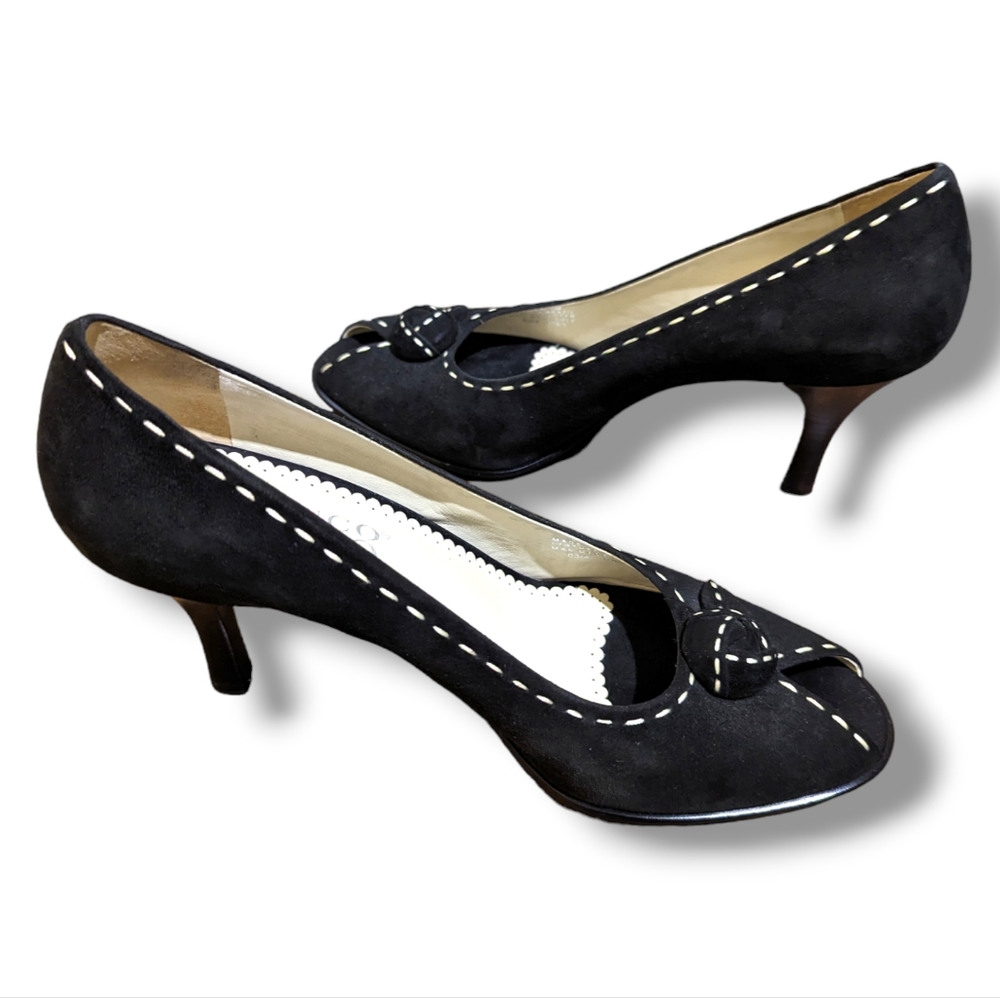 Franco Sarto Retro Black Suede Leather Beige Stitch Peep Toe Heel Pumps- 9.5 - Picture 3 of 4